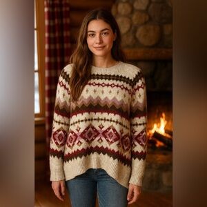 Wool Blend Fair Isle Sweater L | Winter Cozy Holiday Knit Pullover